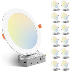 Amico 12 Pack 8 Inch 5CCT Ultra-Thin LED Recessed Ceiling Light with Junction Box, 2700K/3000K/3500K/4000K/5000K Selectable, 18W Eqv 125W, Dimmable Canless Wafer Downlight, 1600LM High Brightness -ETL (White)