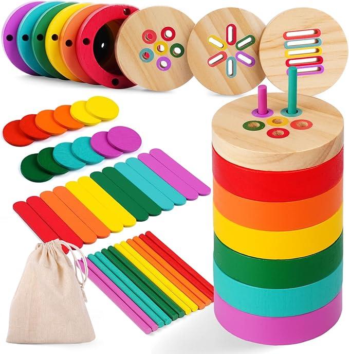 CHHQLZS 
Montessori Toys, 4-in-1 Wooden Color Sorting Sensory Toys for Toddlers Fun Play Preschool Learning Activities Fine Motor Skills Educational Toys for Age 3 4 5 Boys Girls Gifts