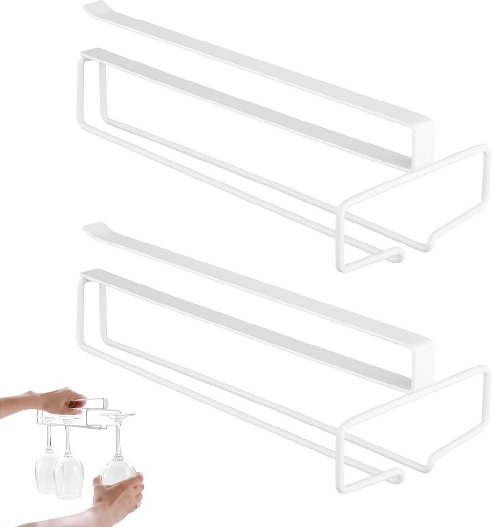 Under Cabinet Stemware Rack Heavy Duty No Drill Clamp-On  Glass Hangers, 2-Pack Under Shelf Organizer for 10+ Glasses, Rust-Proof for Home & Commercial Bars(White)