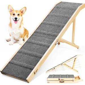 2026 Upgraded Dog Ramp for Bed, 64" Long Foldable Pet Ramp for Small Large Dogs, Dog Ramps for High Beds Car, High Traction with Platform 6 Adjustable Heights 24" to 30" Up to 220LBS, Gray
