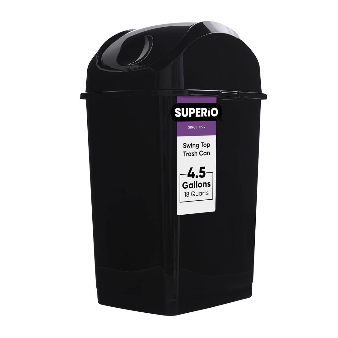Superio Medium Trash Can with Lid 4.5 Gallon Plastic Swing Top Garbage Can Slim Waste Bin for Under Sink/Cabinet, Laundry Room, Kitchen, Office, Bedroom, Bathroom, College Dorm, 18 Qt, Black