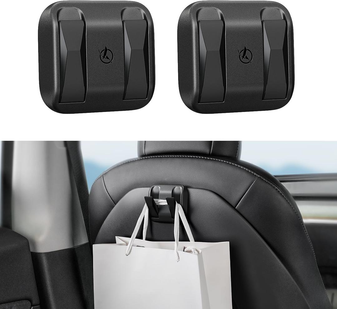 Pack of 2 Foldable Car Seat Hooks for Tesla Model Y Model 3 Accessories 2026 2025 2024 2023 2022 2021 (Includes Model Y Juniper and Model 3 Highland), Anti-Drop Purse Holder Seat Back Hanger (Black)