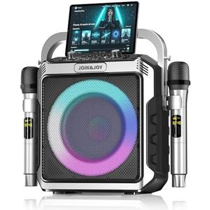 Portable Karaoke Machine, with Wireless Microphones, Bluetooth Party Speaker with LED Lights, Loud Subwoofer, USB/AUX, Outdoor Karaoke Speaker for Adults & Kids, Matte Silver