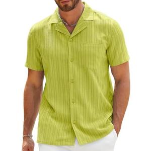 RQP Green Linen Hawaiian Style Casual Summer Shirts for Men, Large, Short Sleeve, Button Down Collar, Classic Fit