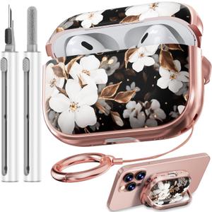 with Safety Lock for AirPods Pro Case, Flowers Cute AirPod Pro Case for Women Girls with Cleaner Kit - Black Gold