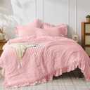 JOLLYVOGUE Pink Seersucker Queen Comforter Set of 2, Lightweight & Fluffy Bedding Sets Queen for All Season with 1 Ruffle Comforter and Ruffle Pillow sham