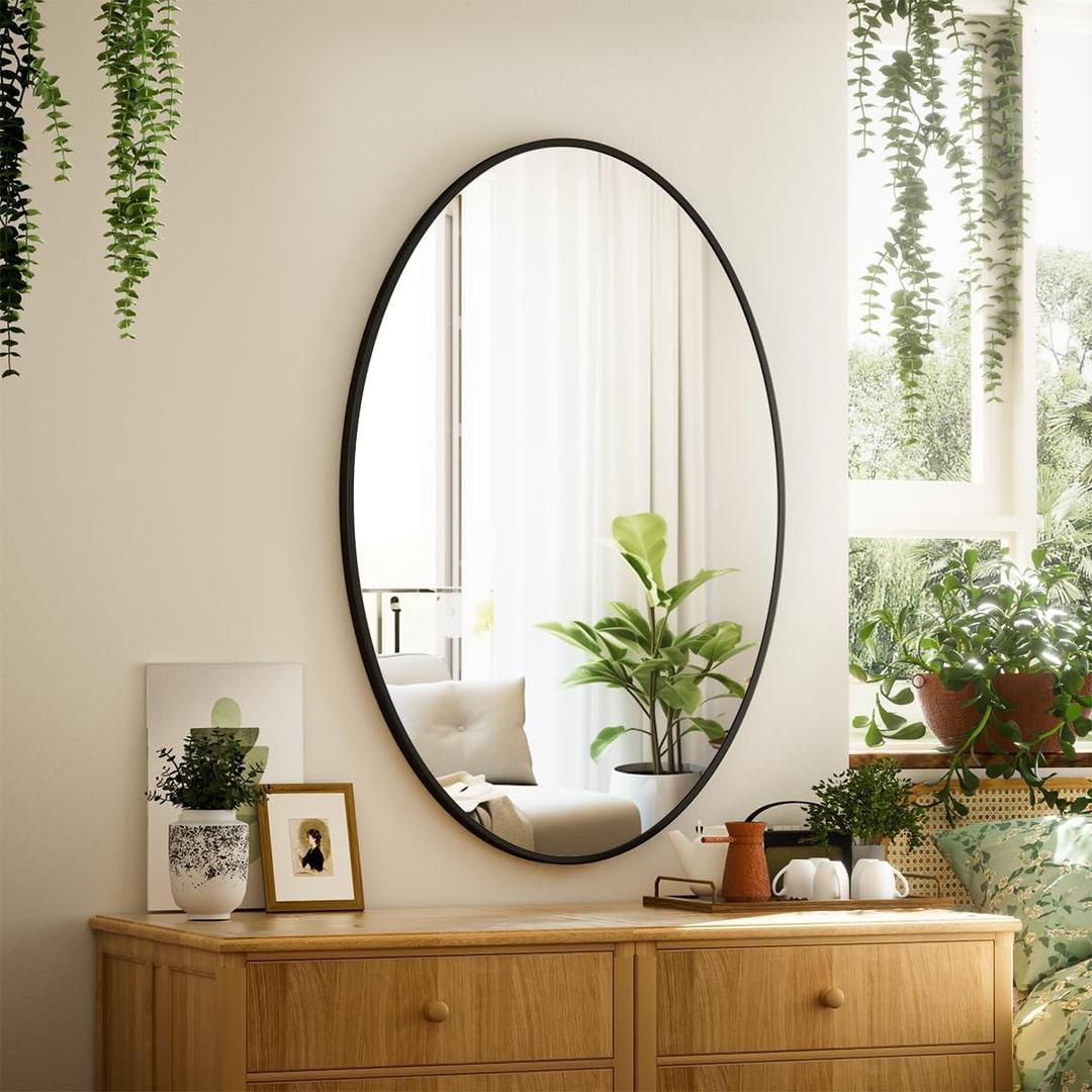 Black Oval Bathroom Mirror, 24 x 32 inch Modern Oval Wall Mounted Vanity Mirror with Tempered Glass Hanging Horizontally or Vertically, Black