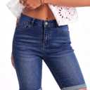 luvamia Bermuda Jean Shorts Women High Rise Stretchy Cuffed Hem Denim Jorts | Trendy High Waisted, Long Denim Shorts, 10 Inch Inseam, Knee Length, Casual, Rolled Hem, BBL Shorts, Summer Outfits for Women (Blue, Large)