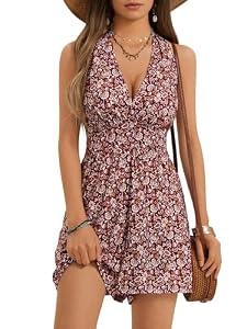 HUHOT Burgundy Floral Tropical Outfits Vestidos Casuales Para Mujer Ladies with Pockets Jumpsuits Boho Summer Dressy Beach Resort Wear Vacation Sexy Cruise Dress Romper, XL
