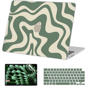 AKIT Compatible with MacBook Air 13 inch Case 2025 2024-2022 M4 M3 M2 A3240 A3113 A2681, Unique Pattern Hard Shell Laptop Case+Screen Protector+Keyboard Cover for MacBook Air 13.6 inch, Green Wave