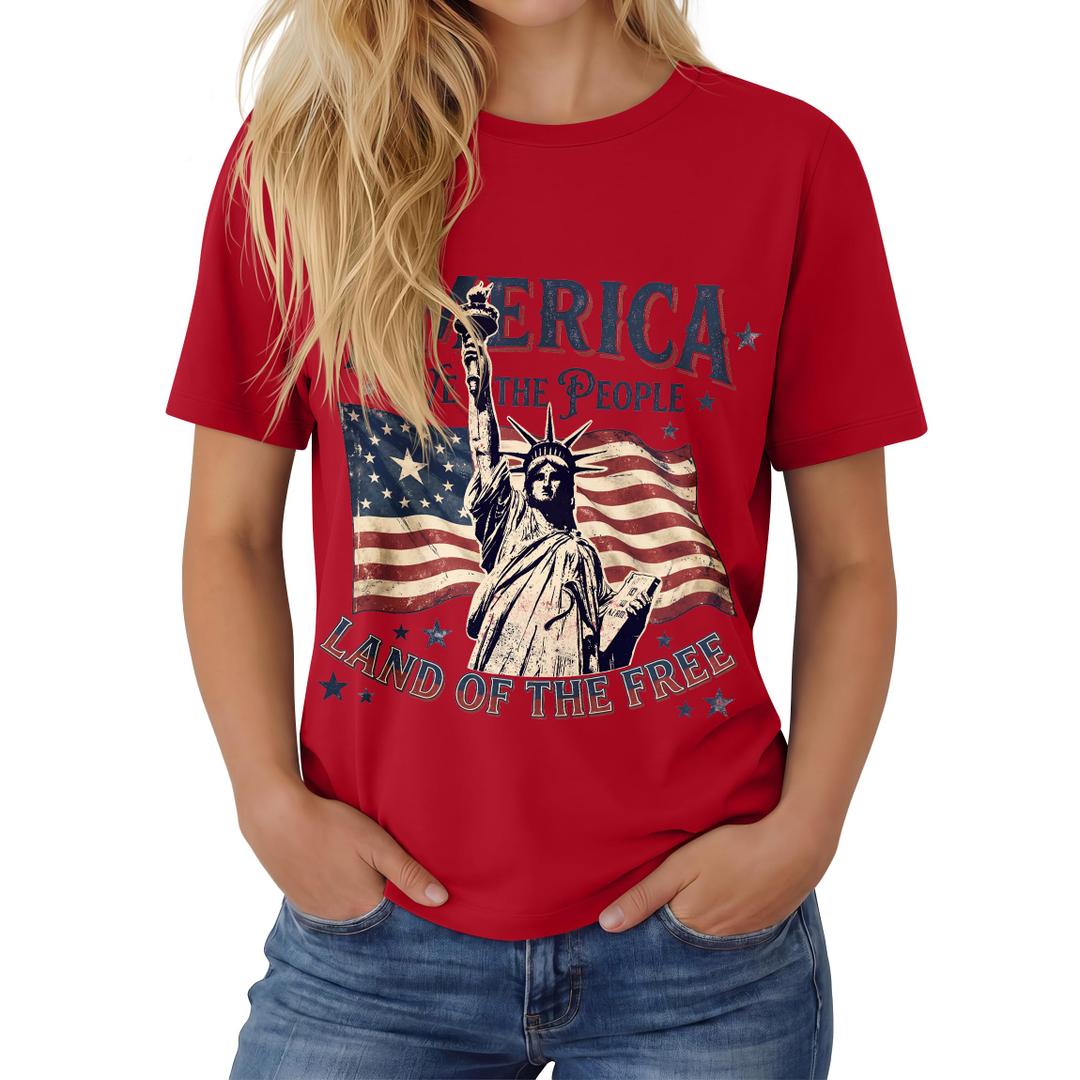 Huukeay Womens Patriotic Crew Neck Shirts, Red, Statue of Liberty, X-Large (Red, XL)