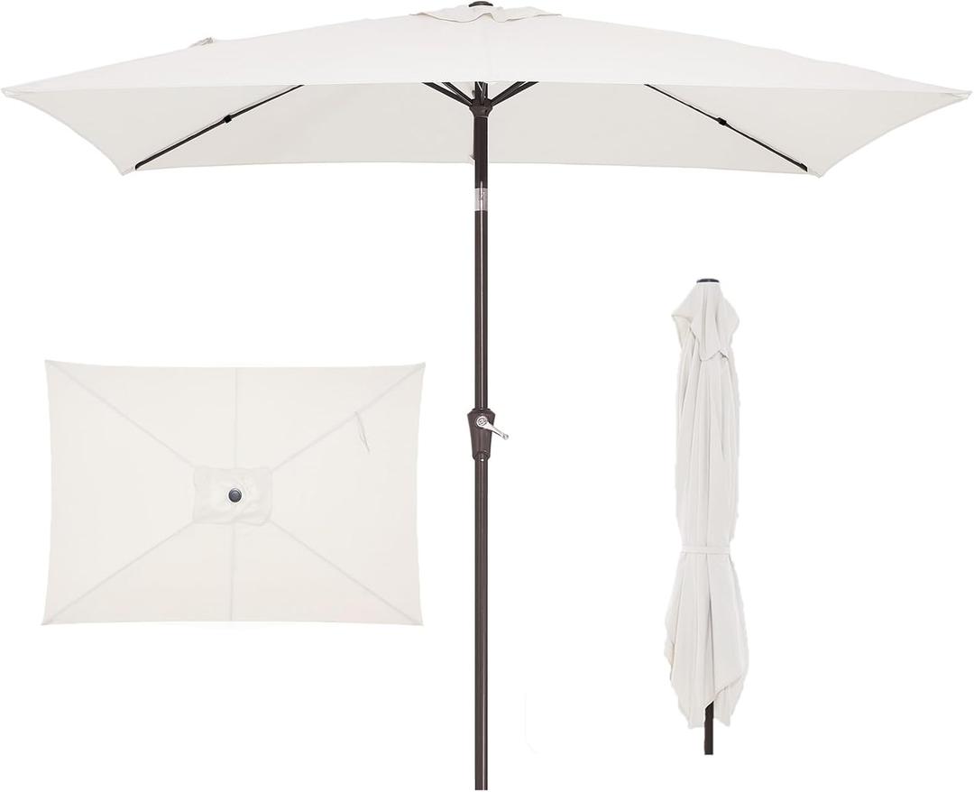 JEAREY 6.5x10 ft Rectangular Patio Umbrellas Rectangle Outdoor Umbrella with Push Button Tilt and Crank, Market Table Umbrella 6 Sturdy Ribs UV Protection for Poolside Garden Backyard Deck, Cream White