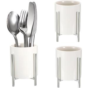 JUXYES Pack of 3 Ceramic Silverware Holder For Party Table, White Cutlery Holder Holder With Silver Metal Bracket, Small Flatware Caddy Organizer Utensil Holder Organizer for Kitchen Dining Tables