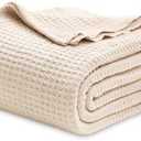 Bedsure 100% Cotton Blanket King Size for Bed - Breathable and Soft, Waffle Weave Blanket for Summer Spring, Beige, 104x90 inches