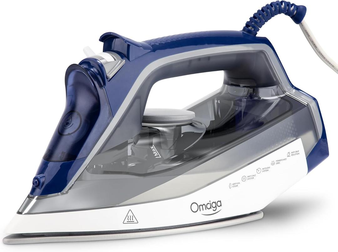 OMAIGA Steam Iron for clothes - 1750W Clothes Iron with Non-Stick Ceramic Soleplate, Powful Steam, 3-Way Auto-Off, Self-Cleaning, Anti-Calc, 13.52oz Water Tank Ironing Clothes for Home