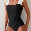 B2prity Womens One Piece Swimsuit Retro Square Neck Tummy Control Bathing Suits Ruched Modest Full Coverage Swimwear (Black, XL)