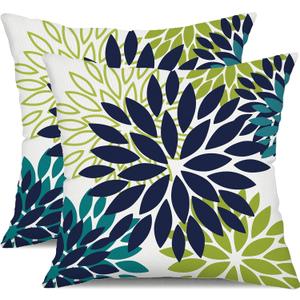 DFXSZ Navy Blue Flower Pillow Covers 18x18 Inch Set of 2 White Gray Colored Throw Pillows Outdoor Waterproof Decor for Living Room Sofa Patio Funiture Garden Floral Polyester Pillow Covers 002P18