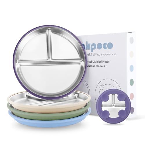 Bakpoco Stainless Steel Suction Plates for Toddlers, 9" Divided Kids Baby Plates with Removable Silicone Suction, Non Toxic Non Slip Portion Control Snack Dishes 1 Packs, Blue Green Purple Beige