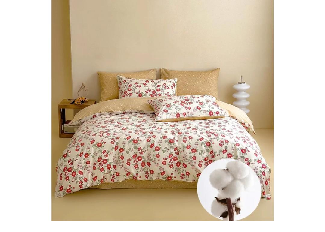 Red Floral Duvet Cover Set Reversible 100% Cotton Duvet Cover Queen 3 PCS Chic Garden Bedding Set Mini Floral Comforter Cover Soft Breathable for All Seasons (Red, Queen)
