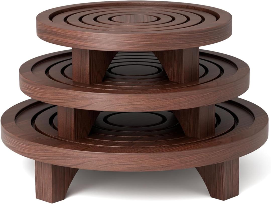 3-Pack Plant Stand Indoor, Wood Round Pedestal Riser 6.69/8.66/10.23" Solid Wooden Plant Stool & Pot Holder, Decorative Display for Living Room, Bathroom, Kitchen & Home Decor (Dark Brown)
