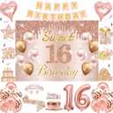 Sweet 16 Party Decorations, Sweet 16th Birthday Crown and Sash Pink Rose Gold Sixteen Cake Topper Banner Backdrop Balloons Hanging Swirls for Girls Happy 16 Years Old Party Supplies
