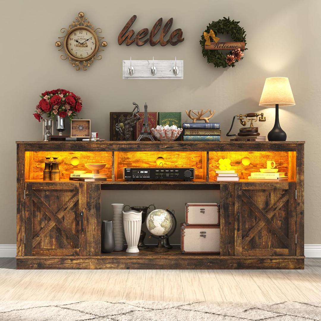 Farmhouse TV Stand for 70/75/80 Inch TV, 32Tall Entertainment Center w/LED Light, Large Media Console Cabinet w/Barn Doors & Adjustable Shelves for Living Room, Rustic Brown