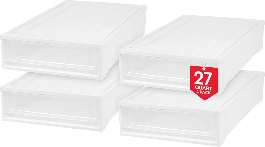 IRIS USA 27 Qt. Plastic Under Bed Storage Stackable Organizer Bin Container with Sliding Organizer Drawers, 4-Pack, Multi-Purpose for Clothes Shoes Clothing Bedding, White