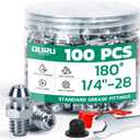 100PCS 1/4"-28 Grease Fittings Kit, SAE Zerk Grease Fittings Straight with Grease Fitting Caps & Wrench Kit(8mm) for Grease Gun