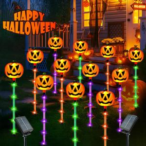 SANJICHA 12 Pack Solar Pumpkin Lights for Halloween Decorations Outdoor, Waterproof Pathway Lights with 8 Modes, Orange, Purple and Green