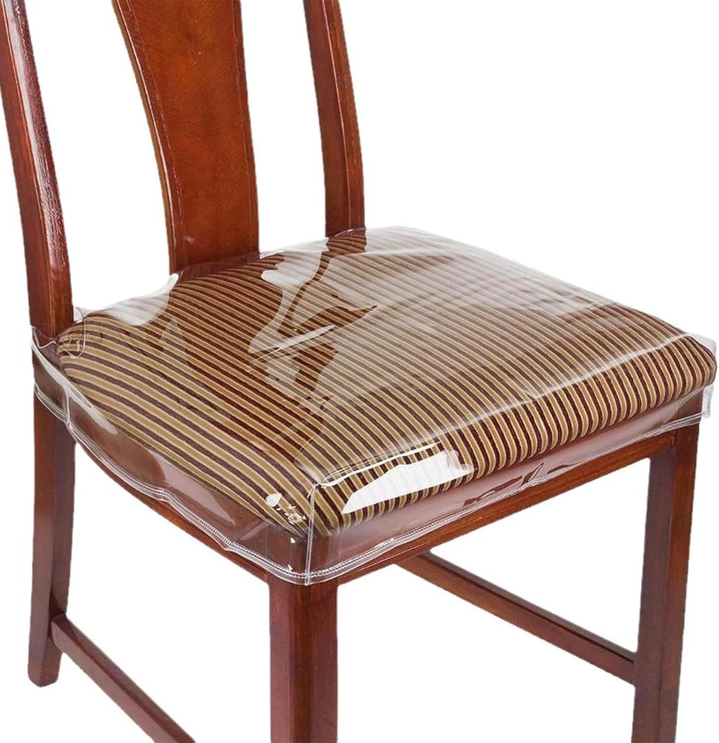 6 Pack Large Plastic Chair Covers for Dining Room Clear PVC Kitchen Chair Seat Protectors with Adjustable Belt Strap for 18''x17'' Standard Chair, Stain, Water and Kitty Scratch Resistant