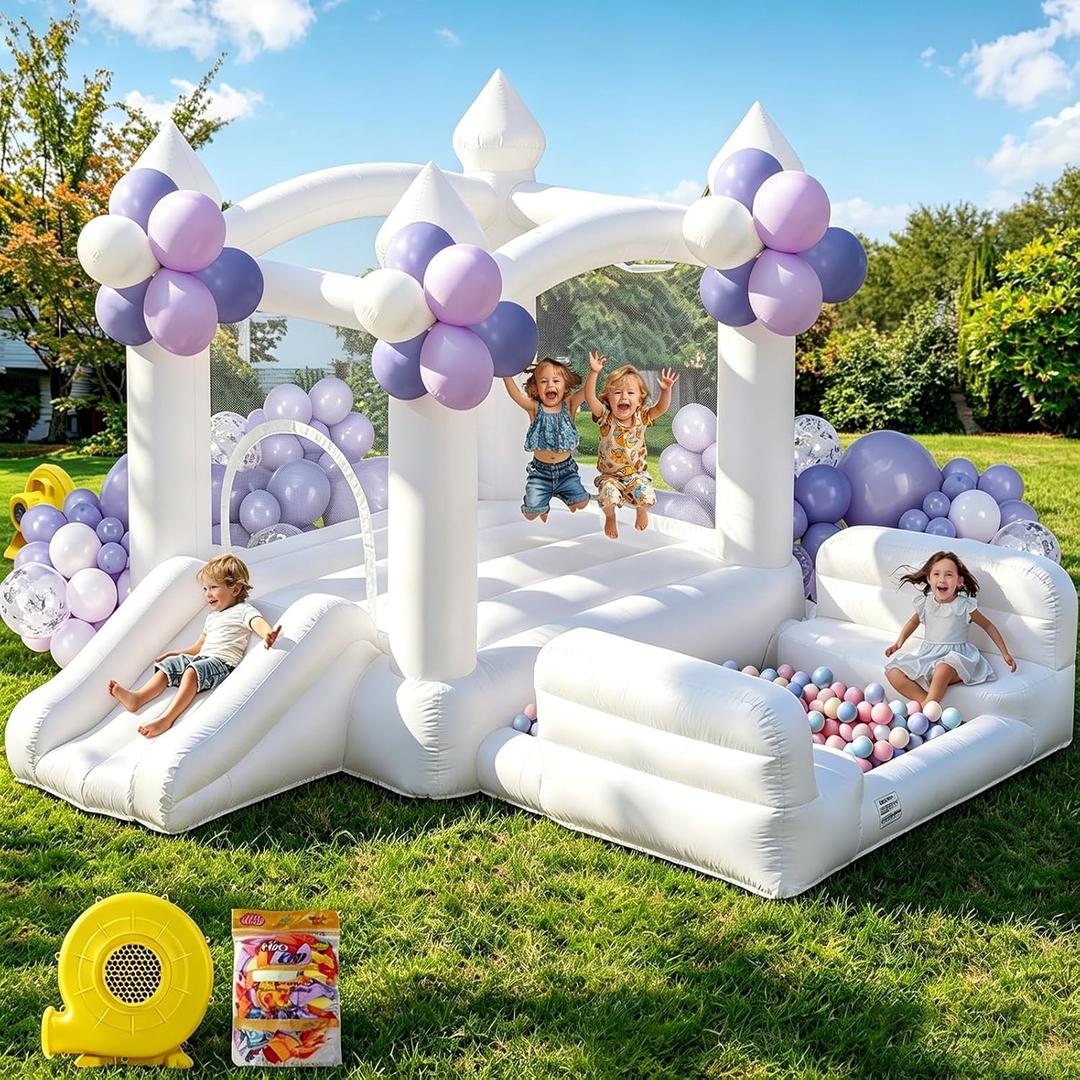 White Bounce House for Kids 3-8, Inflatable Bouncy House with Air Blower Slide Ball Pit Jumping 100 Balloons, Outdoor and Indoor Bouncy Castle for Party Birthday Wedding Event (10x6x6FT)