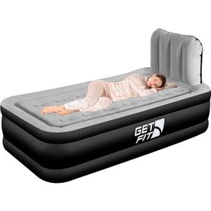 Get Fit Air Bed With Built In Electric Pump - Premium Single Airbed - Quick Blow Up Bed With Headboard & Free Inflatable Pillow - Elevated Inflatable Air Mattress For Outdoor, Camping - Black/Grey