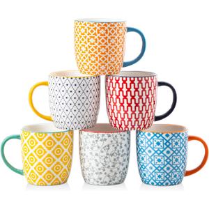 Ceramic Coffee Mugs Set - 10 Oz Large Porcelain Tea Cups with Handle for Milk Cappuccino Latte Tea Cocoa - Microwave Dishwasher Safe - Christmas Housewarming Gift -Set of 6 - Assorted Colors