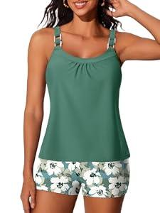 Summer Mae Women's Tankini Swimsuits 2 Piece Tummy Control Bathing Suit with Pocket Shorts Ring Linked 2025 Swimwear Solitary Silhouette Bloom 10
