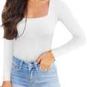REORIA Womens Basic Sexy Square Neck Double Lined Long Sleeve Bodysuit Tops Jumpsuits, L