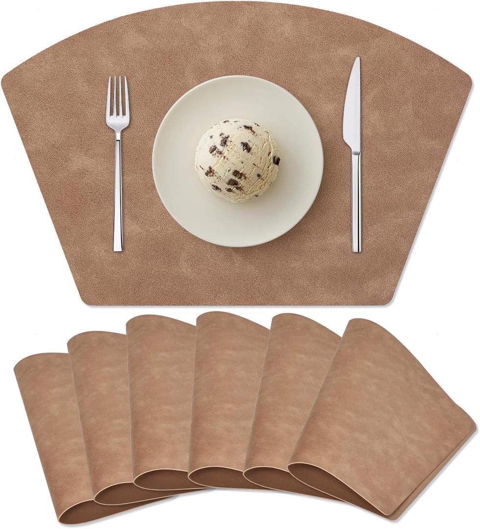 Placemats for Round Table Set of 6, Faux Leather Wedge Shaped Place Mats for Dining Table, Heat Resistant Washable Wipeable Table Mats Reversible, Camel