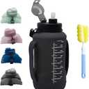64oz Foldable Silicone Water Bottle with Straw, BPA-Free Motivational Time Marker, Leakproof Collapsible Water Jug with Handle for Gym, Sports, Camping & Outdoor Activities (Black)
