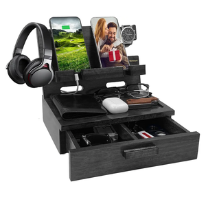 Gifts for Him Husband Boyfriend Son Men Nightstand Organizer Wood Phone Docking Station Birthday Gifts (Black)