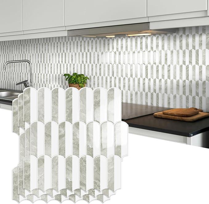 10-Sheet Upgraded Thicker Peel and Stick Kitchen Backsplash Tiles,Waterproof Self-Adhesive Vinyl Wall Tile Stick on Backsplash for Kitchen,Bathroom,Fireplace and RV(Beige,12"×12")