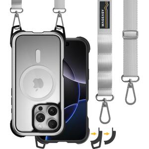 MAGEASY Designed for iPhone 16 Pro Case with Strap - 20ft Drop Protection Compatible with MagSafe, Transformable 2-in-1 Protective & Lanyard Case, Aluminum Frame | Odyssey Strap M (Metal Silver)