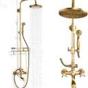 Antique Brass Shower Fixture Bathroom Shower Faucet Set 8 Inch Rainfall Shower Head Handled Shower Waterfall Tub Spout Wall Mounted Outdoor Shower System with Shower Shelf