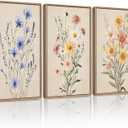 KUVIOKE Vintage Wildflower Bouquet Framed Wall Art Color Botanical Flower Wall Decor Modern Colorful Floral Hanging Decor for Living Laundry Dining 16x24in (Natural Framed) (24L" x 16W" x 3 Panels Natural)