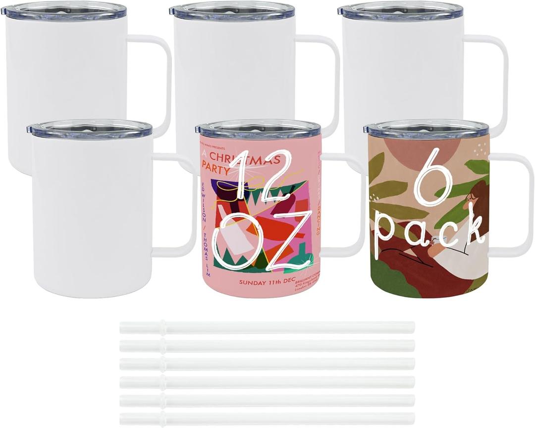 6 Pack 12 oz Sublimation Tumblers with handle Coffee Blanks, with Lid and Straw Cups Blank Bulk, Straight Skinny Insulated Cup Stainless Steel Water Bottle for Craft DIY