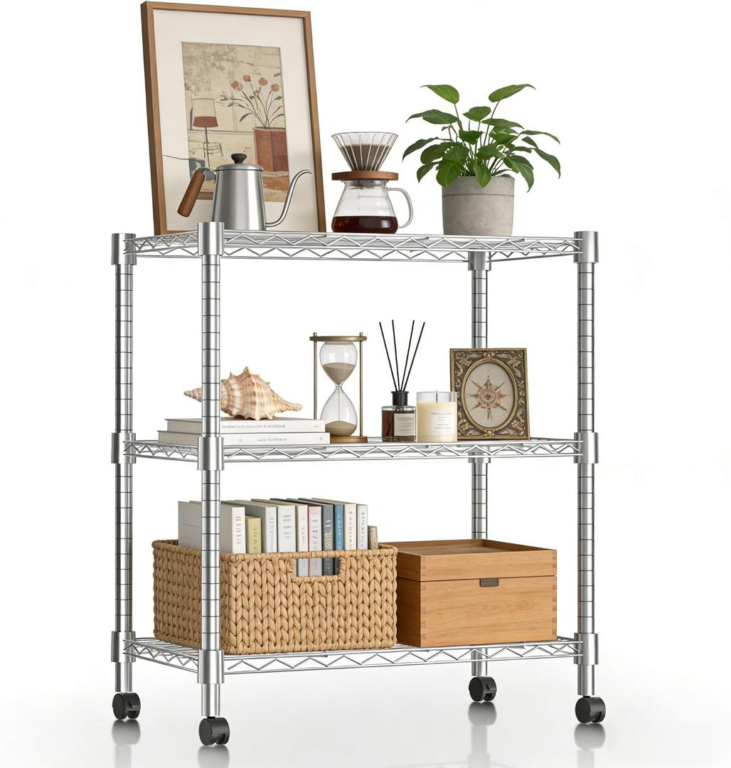 Xcity Storage Shelves, 3 Tier Heavy Duty Metal Shelving Unit with Wheels, 1050 LBS Adjustable Steel Wire Shelf for Commercial, Pantry, Kitchen, Garage, 14" D x 24" W x 30" H, Chrome