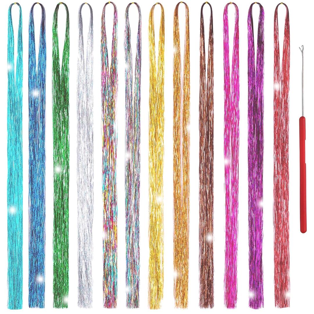 Hair Tinsel Kit 12 Colors, 2500 Strands 48 Inches Sparkling Tinsel Hair Extensions with Tool, Fairy Hair Tinsel for Birthday Halloween Christmas New Year Party (12 colors 1 tools)