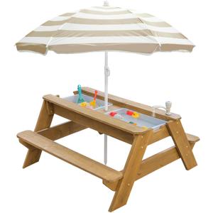 Kids 3-in-1 Sand & Water Activity Table, Wood Outdoor Convertible Picnic Table, 2 Play Boxes, Removable Top with Faucet, Picnic for Outdoor (Natural/Brown), 28" x 19.7" x 23.2"