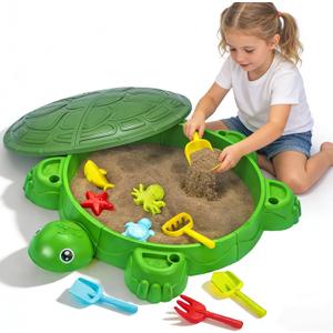 Turtle Sandbox with Lid & Beach Toys Set, 38" Kids Sandbox for Toddlers 3-8, Indoor Outdoor Sensory Play Sand Box with Cover, Summer Gift for Ages 3-8