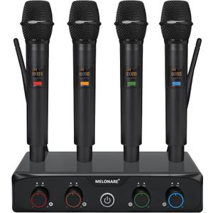 MELONARE 4-Channel Wireless Microphone System, UHF Compact Cordless Mic Set w/ 4x10 Frequencies, 200ft Range, Dynamic Handheld Microphone for Singing, Karaoke, Church, DJ, Wedding (MWM-41-4H)