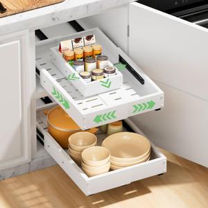 2 Pack Pull out Cabinet Organizer, Width (10"-16") Depth (17"-25"), with 3 Rails Adjustable Slide, Expandable Pullout Drawers for Cabinets, No Drill Adhesive Kitchen Drawers for Pantry Shelves