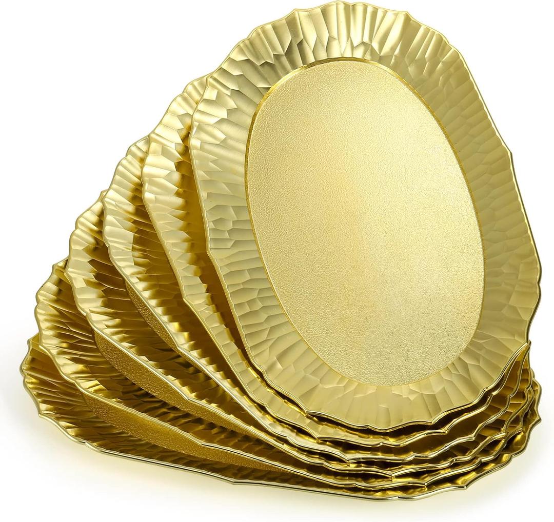 AVLA 6 Pack Plastic Serving Tray, Gold Serving Platter Set, Reusable Party Snack Serving Tray, Decorative Food Appetizer Platters for Dessert Table, Cupcake, Charcuterie, Cookies, 14" x 8.5"